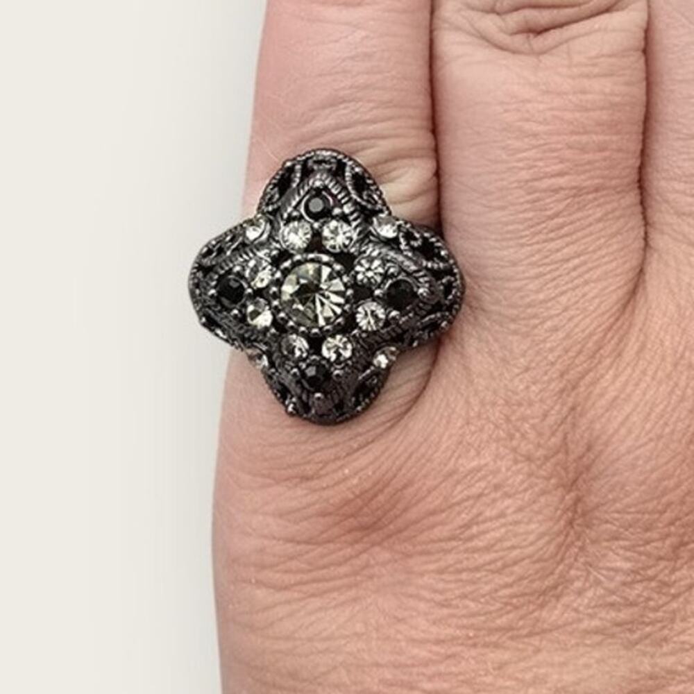 Black Smoky Crystal Filigree Ring Silver – Dark Glam Gothic Romance Size 7.5